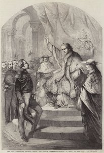 El Papa dirigiéndose al General Goyon, el Comandante en Jefe francés en Roma, el día de Año Nuevo de Jean Adolphe Beauce